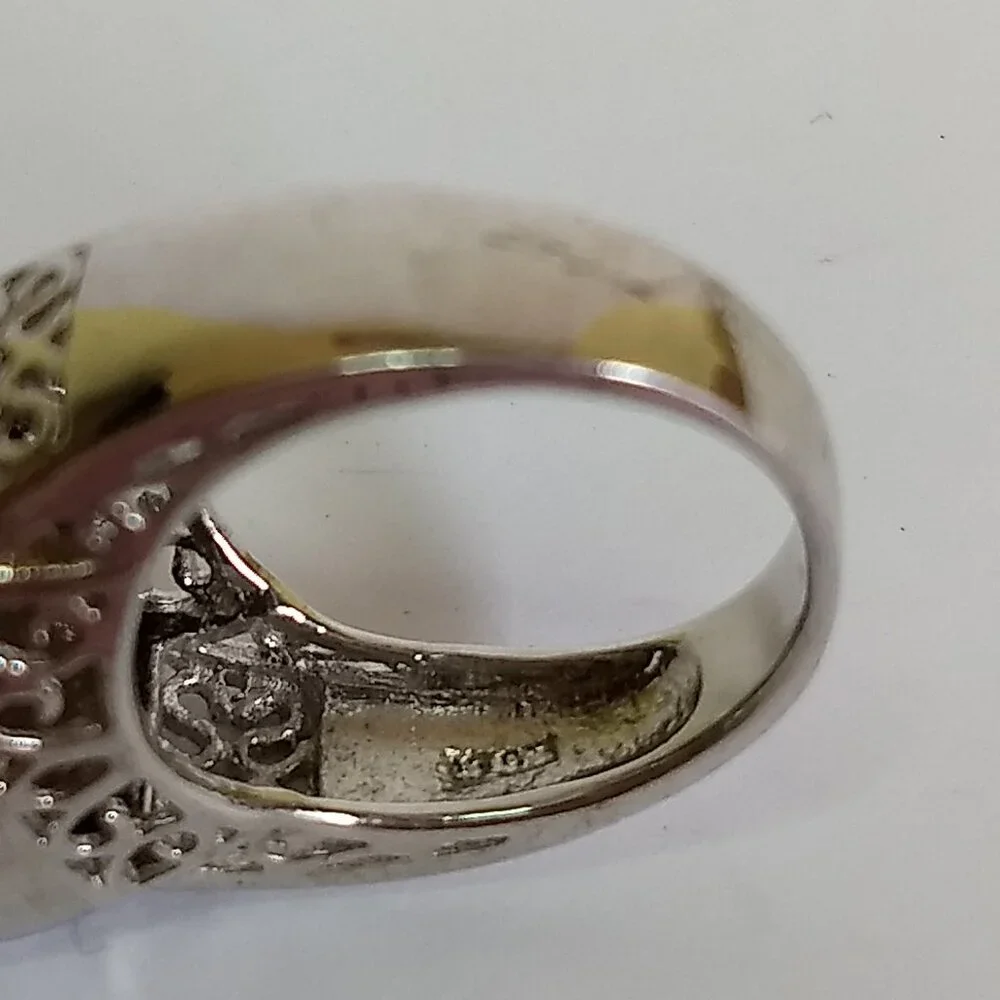 Chocolate Brown Faceted Stone Ring Openwork Sides Silver Tone Ring Size 6.5